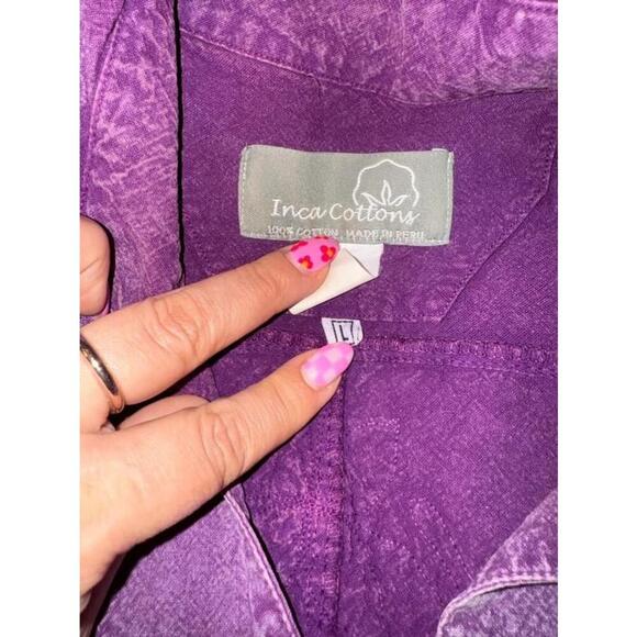 Inca Cottons Artsy Shirt Purple Embroidered Button Up Layering Fall Lacey Size L - Picture 6 of 8